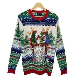 Blizzard Bay Ugly Christmas Sweater Party Drinking Deer Red Green Blue Medium